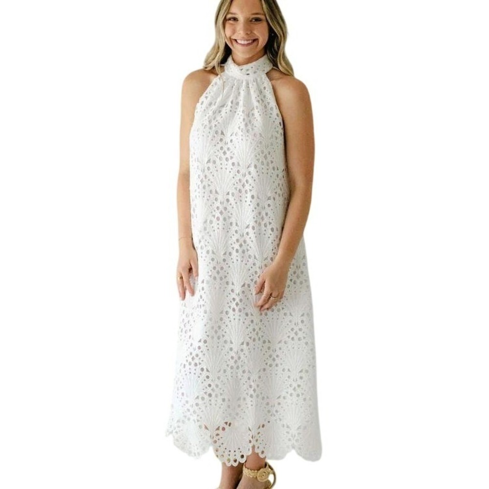 Holly Shae Eyelet‎ Lace Neck Tie Maxi Dress Women's XS/M White Boho Resortwear